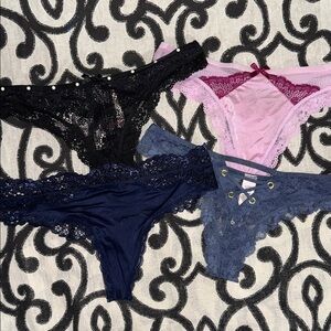 NWT Victoria's Secret Small Lace Thong - Pink, Black, Navy & Blue - Set of 4